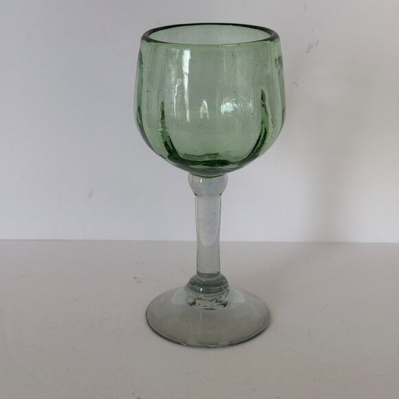 Vintage Mexican Green & Clear Handblown Wine Glass Goblet 8" - Picture 1 of 6